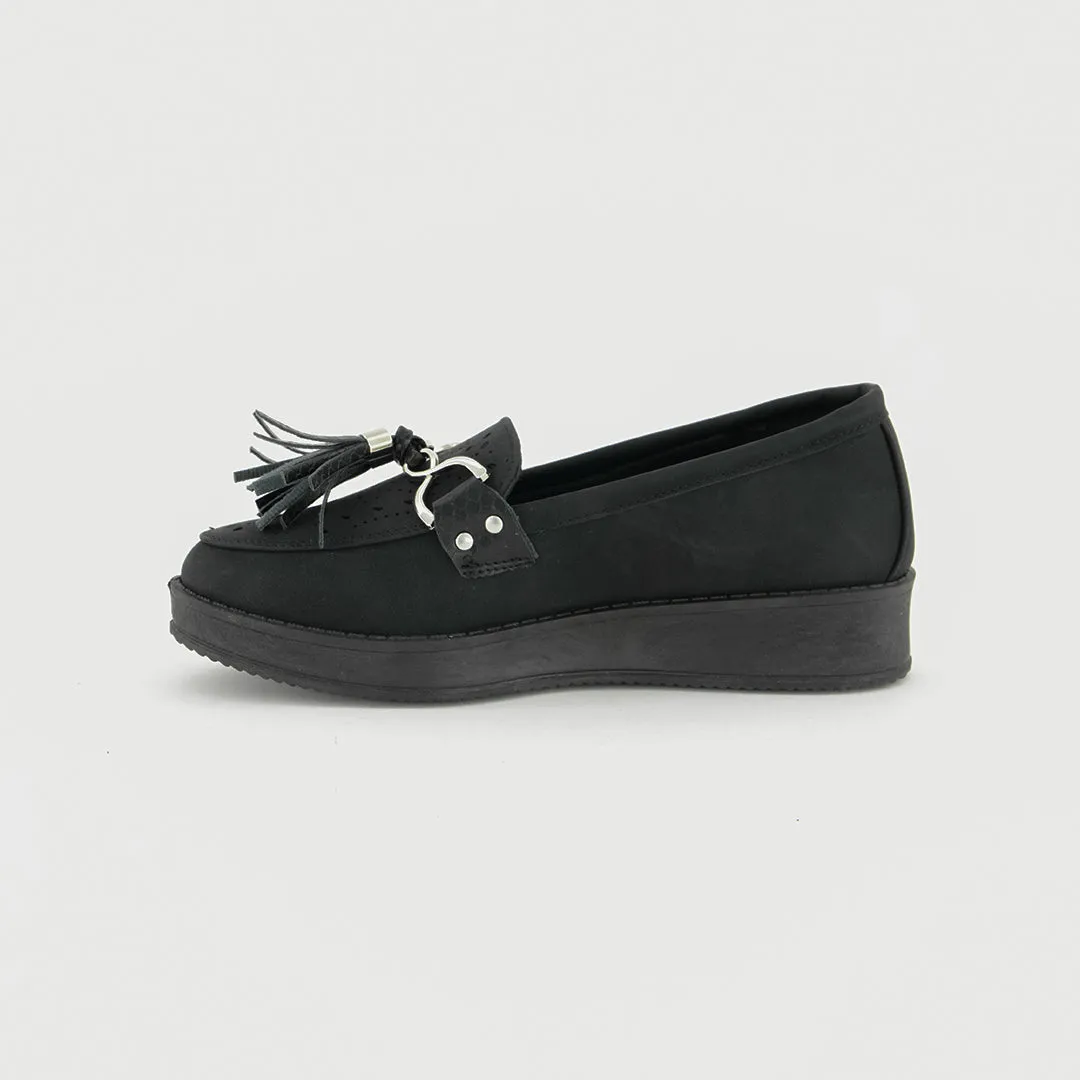 Pu Laser Cut Platform Loafer.Tassel Detail.