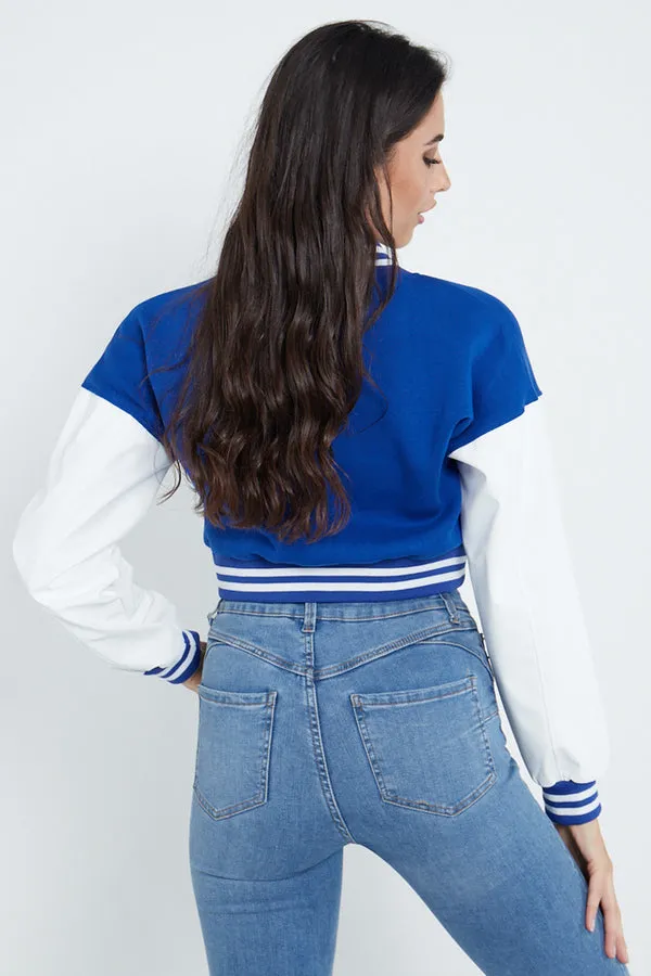 ROYAL BLUE VARSITY GRAPHIC FAUX LEATHER SLEEVE BOMBER JACKET