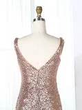 Sheath V-Neck Sweep Train Ruched Champagne Sequined Bridesmaid Dress (BMA204L)