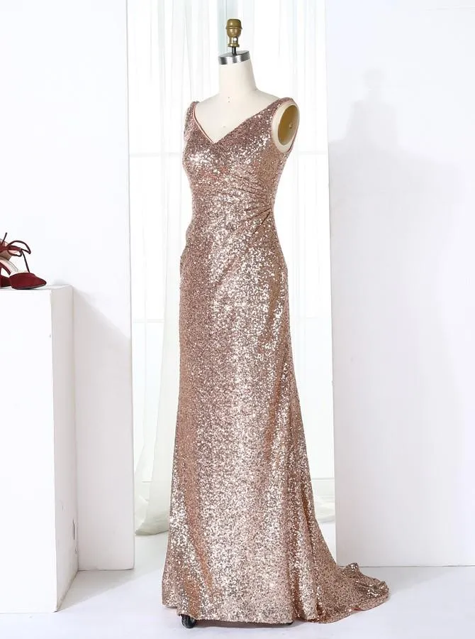 Sheath V-Neck Sweep Train Ruched Champagne Sequined Bridesmaid Dress (BMA204L)