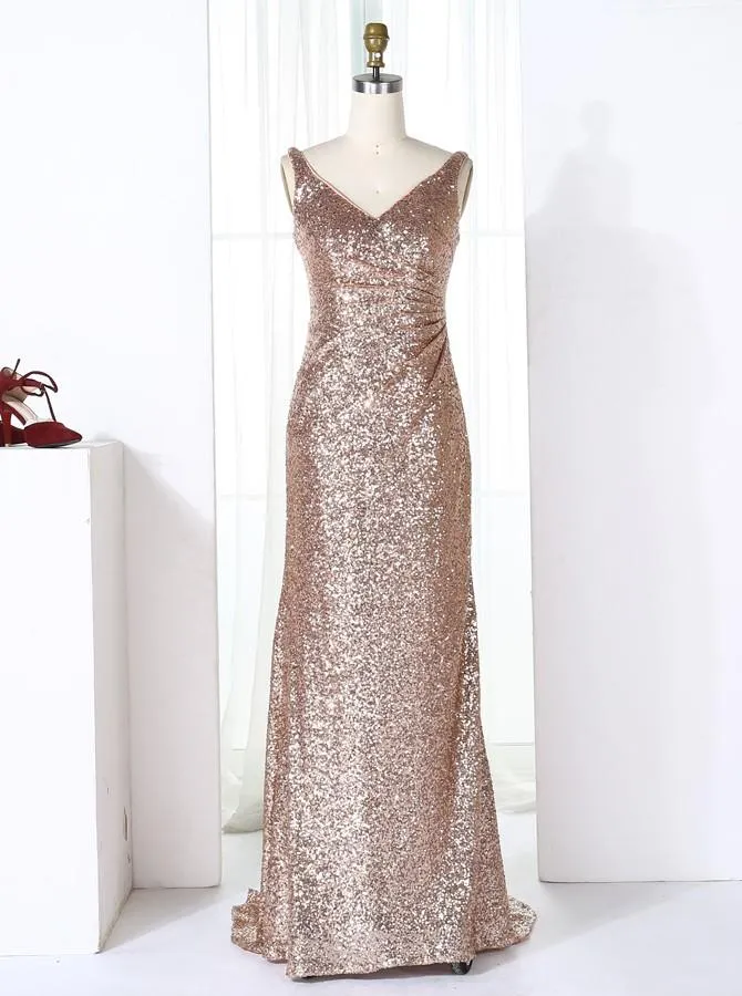 Sheath V-Neck Sweep Train Ruched Champagne Sequined Bridesmaid Dress (BMA204L)