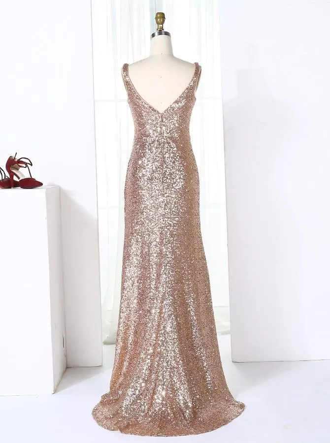 Sheath V-Neck Sweep Train Ruched Champagne Sequined Bridesmaid Dress (BMA204L)