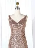 Sheath V-Neck Sweep Train Ruched Champagne Sequined Bridesmaid Dress (BMA204L)