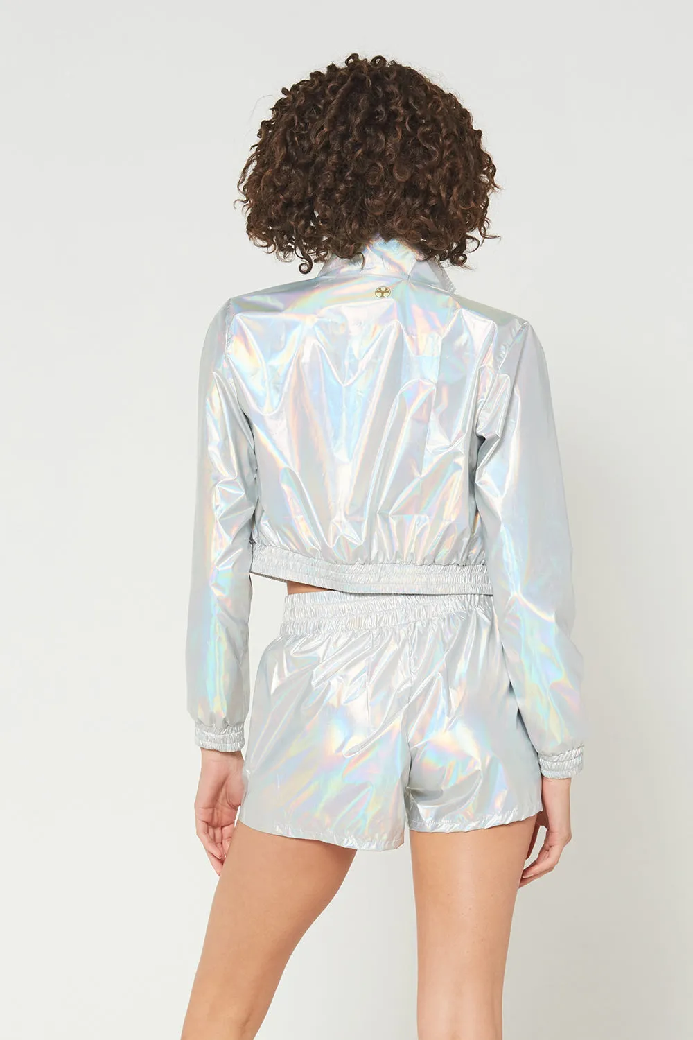 Silver Rainbow Metallic Crop Bomber Jacket