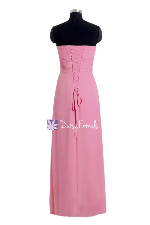 Vibrant Pink Pleated Bodice Chiffon Dress Long Sweetheart Bridesmaid Dress (BM270L)