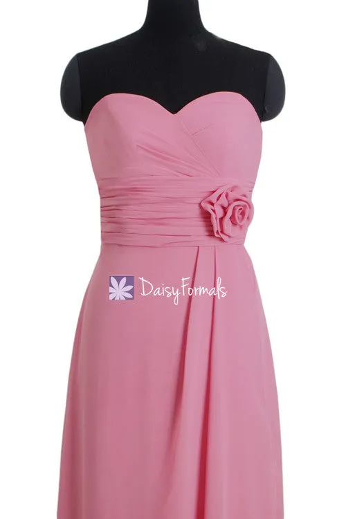 Vibrant Pink Pleated Bodice Chiffon Dress Long Sweetheart Bridesmaid Dress (BM270L)