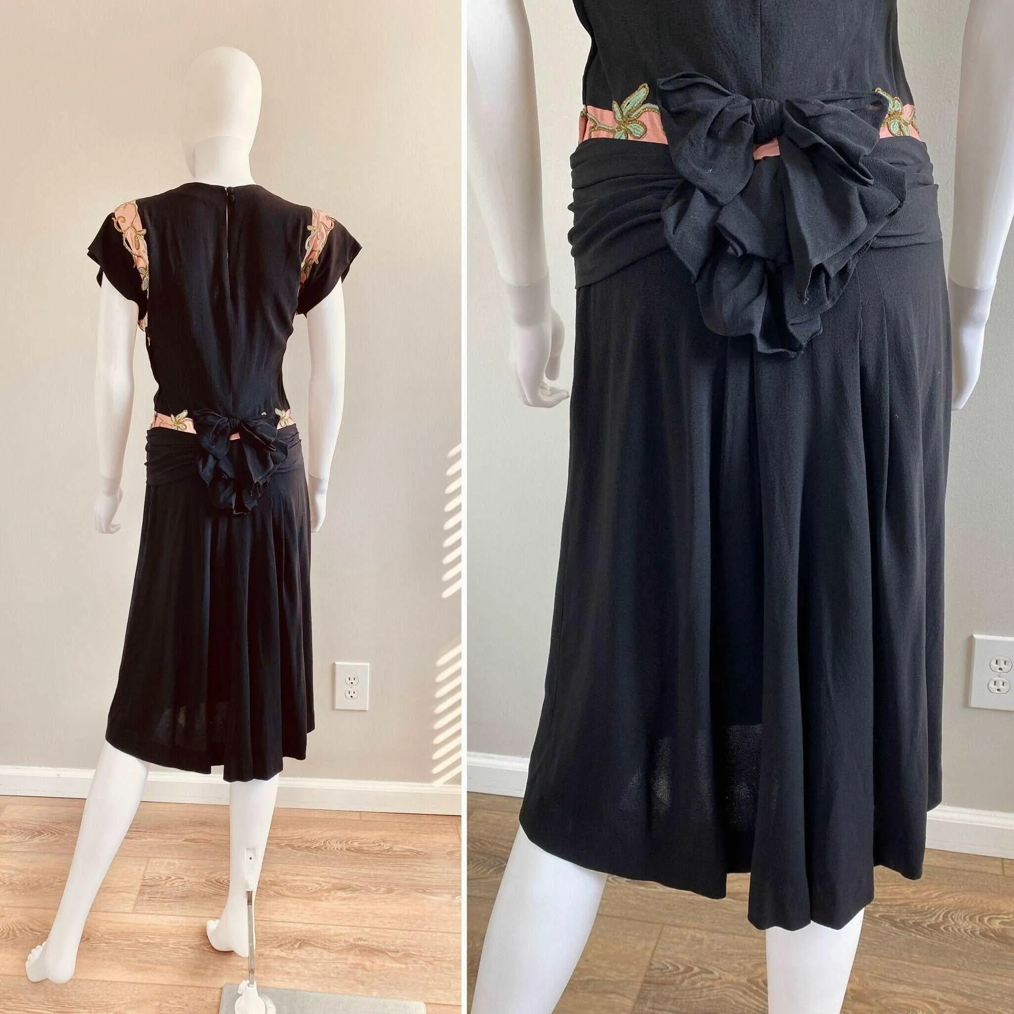 Vintage 1940s Black Rayon Party Dress / 40s retro dress with bows / mid century dress / Size XS S