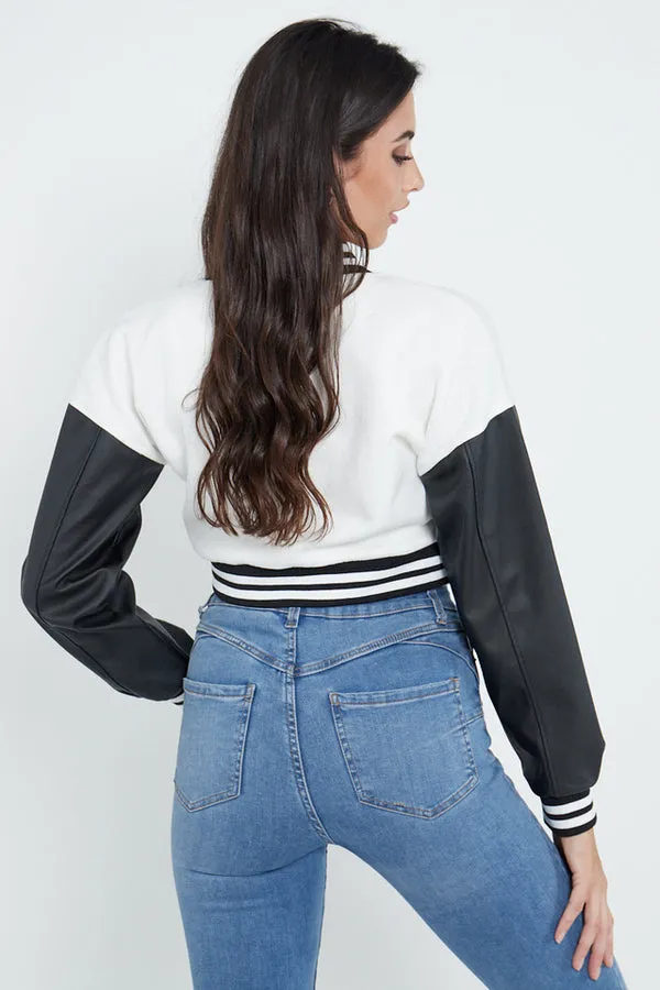 WHITE VARSITY GRAPHIC FAUX LEATHER SLEEVE BOMBER JACKET