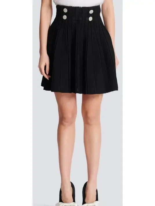 Women’s Black Ribbed Knit Skater Mini Skirt with Crystal Buttons