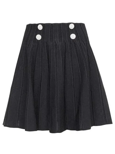 Women’s Black Ribbed Knit Skater Mini Skirt with Crystal Buttons