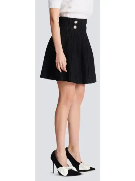 Women’s Black Ribbed Knit Skater Mini Skirt with Crystal Buttons