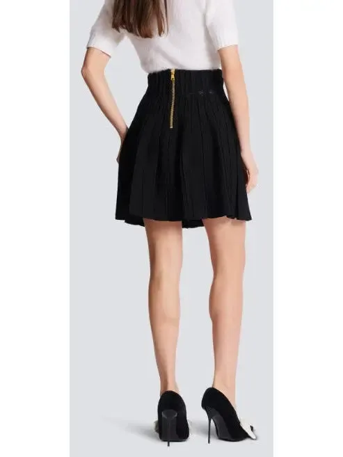 Women’s Black Ribbed Knit Skater Mini Skirt with Crystal Buttons