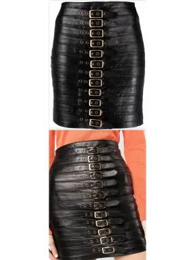 Women’s Buckle-Detail Leather Mini Skirt, Black