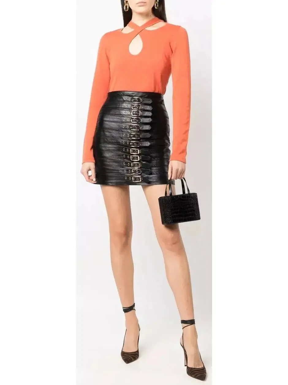 Women’s Buckle-Detail Leather Mini Skirt, Black