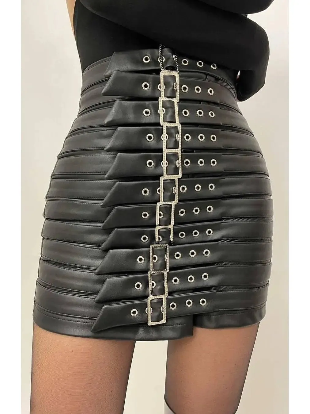 Women’s Buckle-Detail Leather Mini Skirt, Black