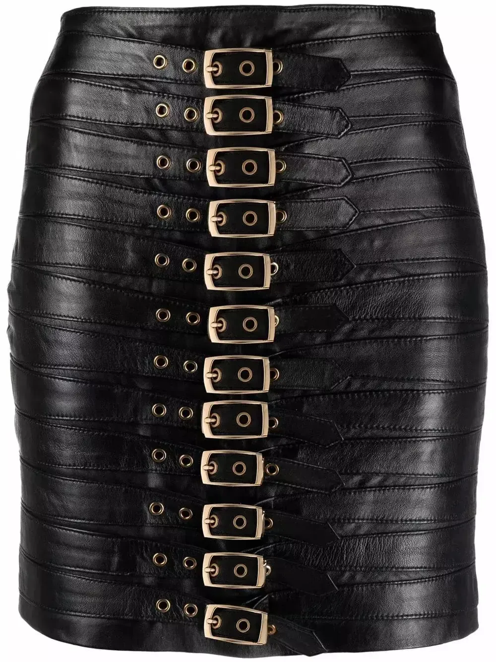 Women’s Buckle-Detail Leather Mini Skirt, Black